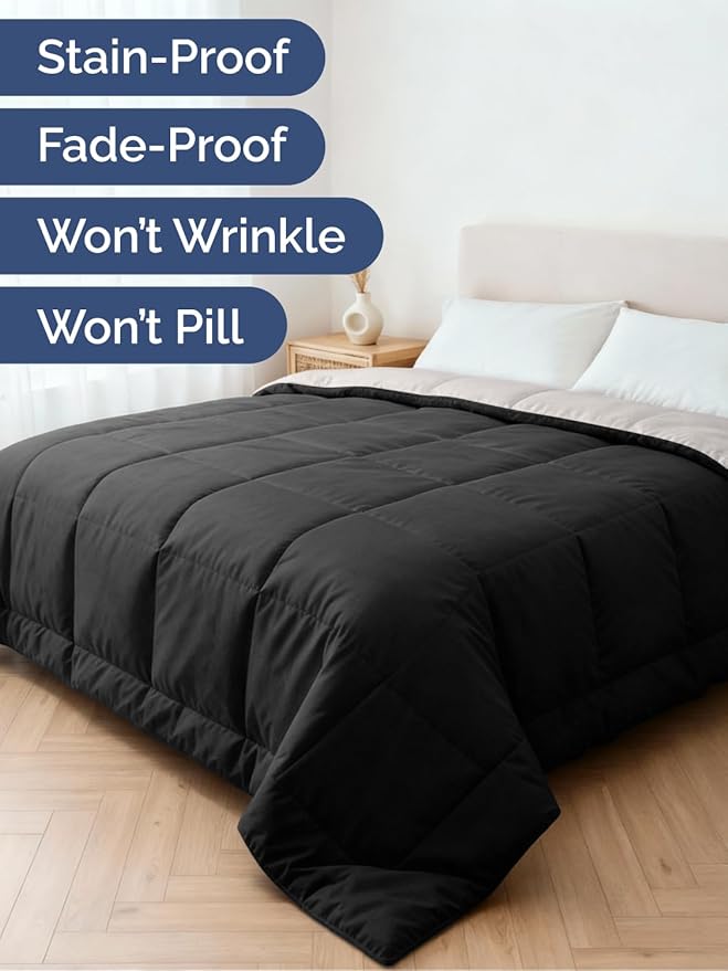 Queen Size, Black & Light Grey Alternative Down Comforter - Warm, Lightweight & Breathable Hotel Quality Bedding Set for Men, Women, Kids & Teens - All Season Cooling Microfiber Duvet Insert Comforter