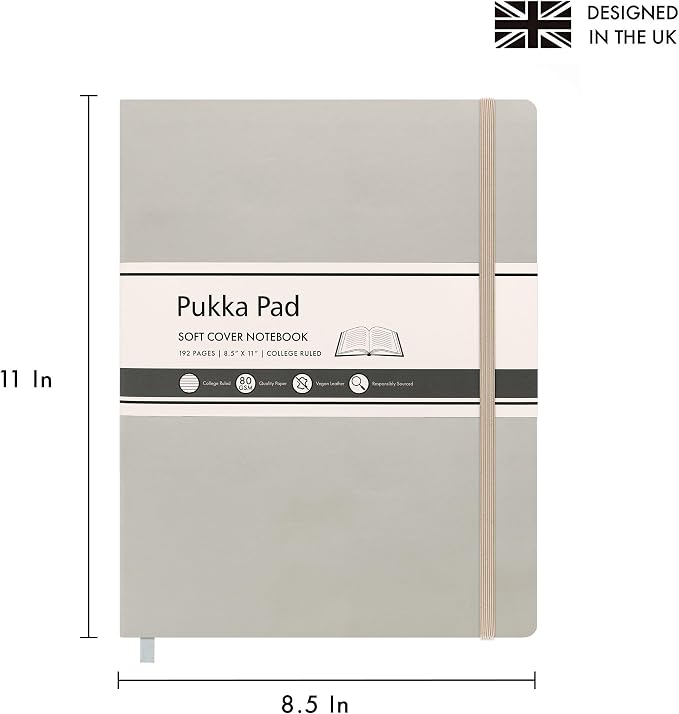 Pukka Pad Soft Cover Letter Size Notebook – Vegan Leather Journal with 192 Pages, 96 Sheets of 80GSM Ivory Paper, College Ruled without Margins – 8.5 x 11in, Oatmeal