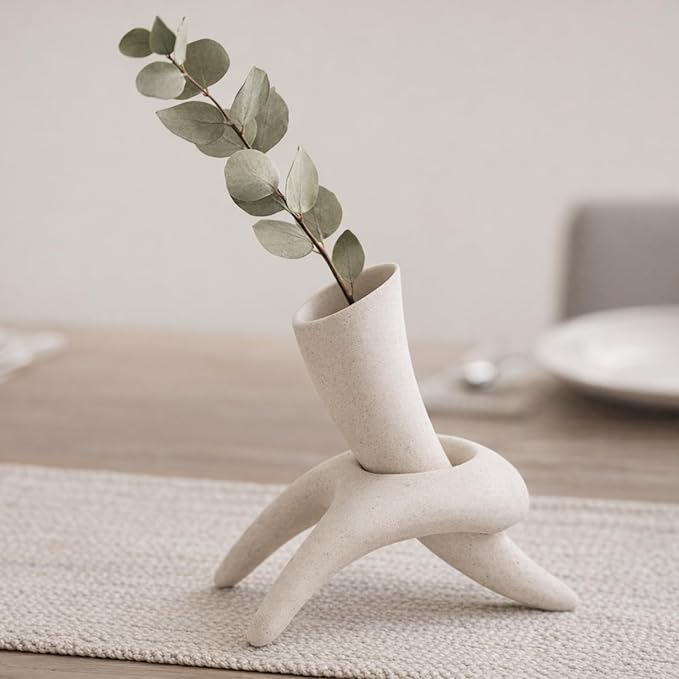 Modern Abstract Ceramic Vase 7.3" Wabi Sabi Japandi Sculptural Vase, Speckled Sandstone Texture Beige Matte Interlocking Vessel for Pampas Grass Boho Home Decor