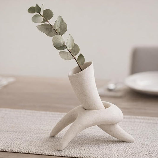 Modern Abstract Ceramic Vase 7.3" Wabi Sabi Japandi Sculptural Vase, Speckled Sandstone Texture Beige Matte Interlocking Vessel for Pampas Grass Boho Home Decor
