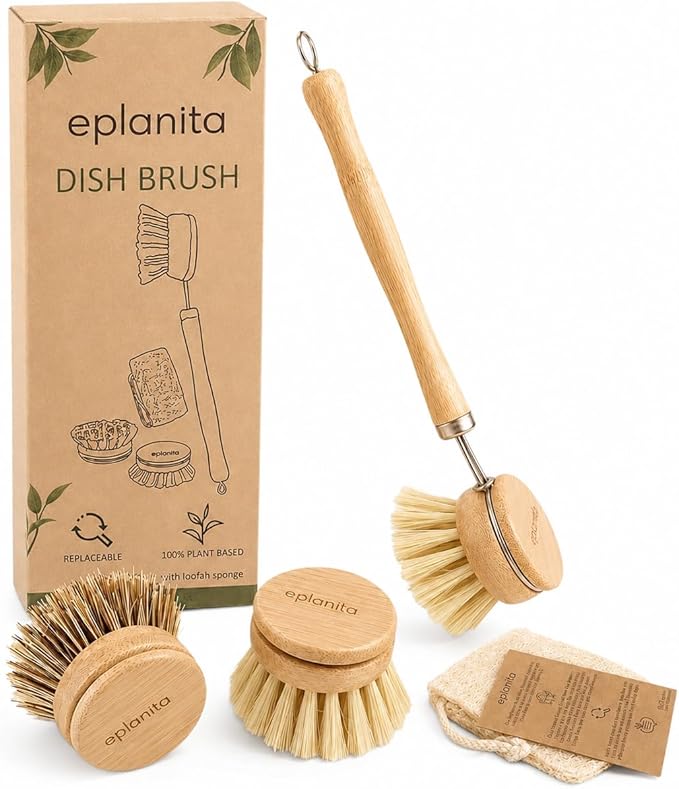 eplanita Natural Dish Brush, 3 Replacement Heads, Kitchen Eco Bamboo Scrubber Brushes, Extra Plant Sponge, Plastic Free Washing Up, Zero Waste Cleaning