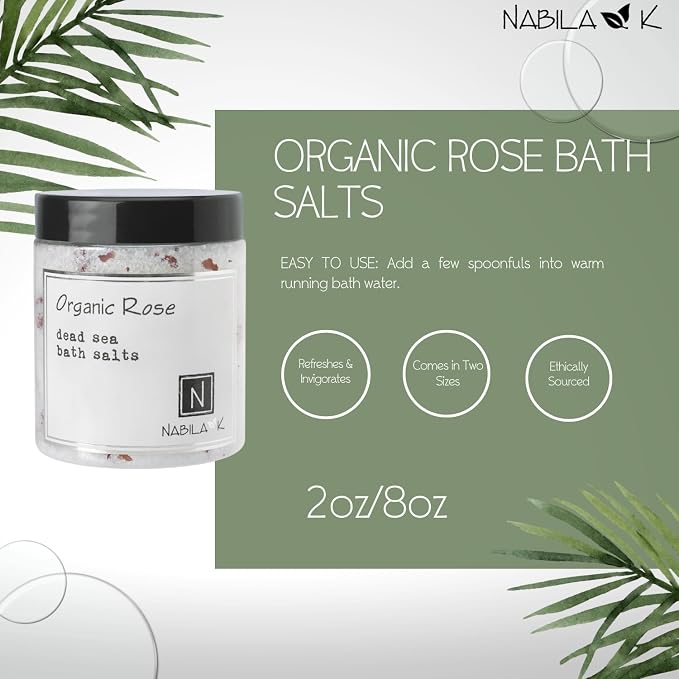 Organic Rose Bath Salts for Women & Men - Dead Sea Salt & Epsom Salt Soak and Scrub - Organic Rose Petals & Geranium Oil, Cruelty-Free, Sulfate-Free | Travel Size, 2 oz | Nabila K
