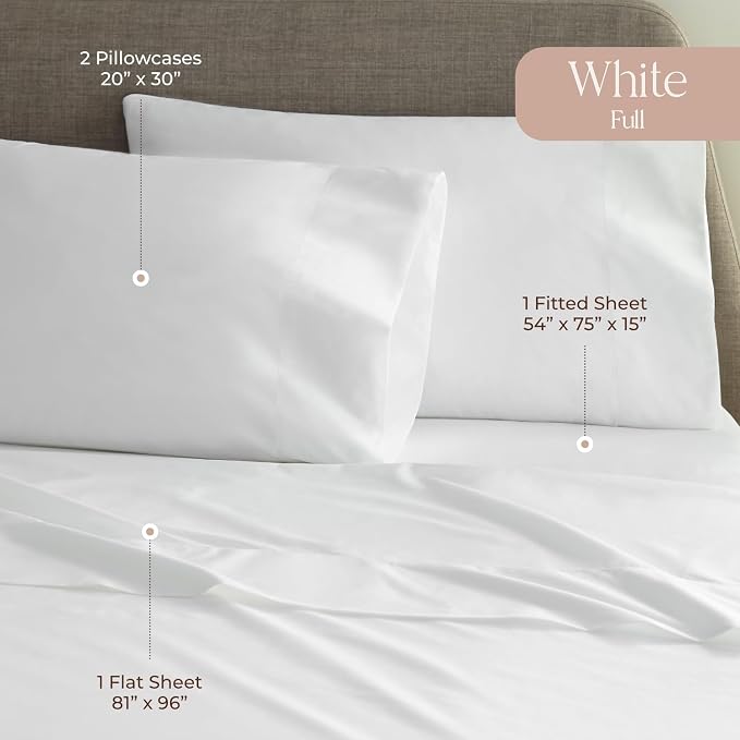 100% Organic Cotton Sheets Full Size - GOTS Certified Cotton Percale Sheets with Crisp Cool & Breathable Percale Weave Perfect for Hot Sleepers - Durable Luxury 4 Piece Set (White, Full)