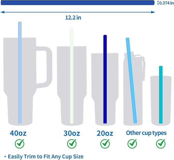 6 Pack Reusable Silicone Straws Compatible with Stanley 40oz 30oz 20oz Tumblers, 12.2" Long x 0.374" Diameter BPA-Free Drinking Straws with 2 Cleaning Brushes, Flexible Cuttable Teeth-Friendly
