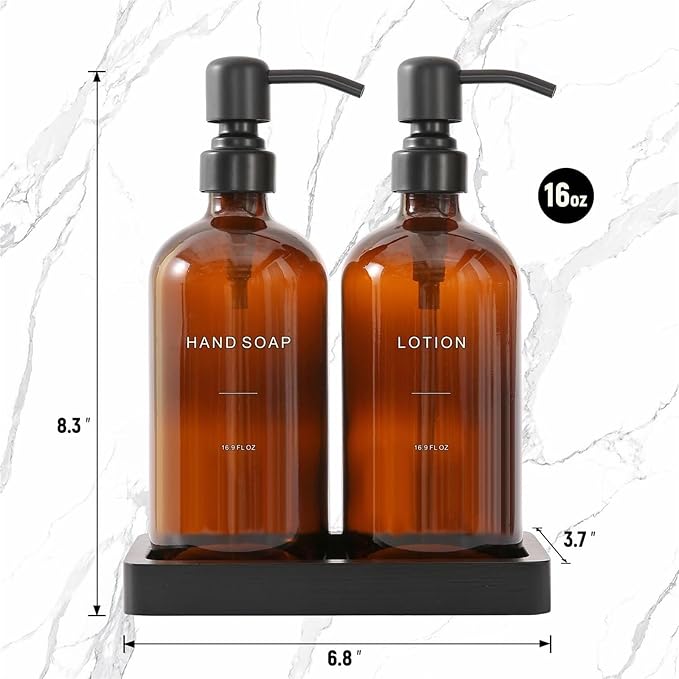 Liquid Dispenser Soap Dispenser Set Glass with Stainless Steel Pump Countertop Soap Bottle(Black Pump+Amber Bottle)