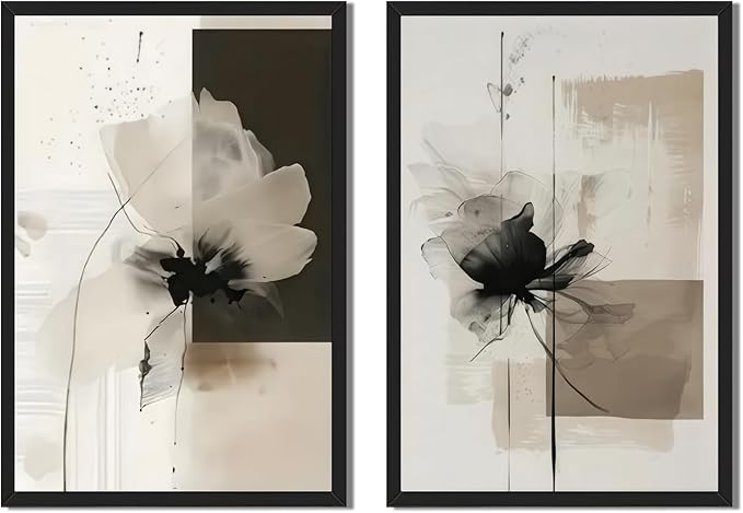 Minimalist Abstract Floral Wall Art Prints Set of 2 Neutral Beige Black Flower Canvas Painting Poster Trendy Botanical Picture for Gallery Modern Japandi Boho Home Decor 8x12inch Black Framed