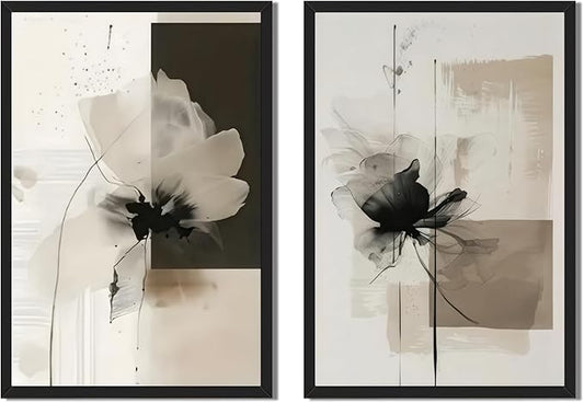 Minimalist Abstract Floral Wall Art Prints Set of 2 Neutral Beige Black Flower Canvas Painting Poster Trendy Botanical Picture for Gallery Modern Japandi Boho Home Decor 8x12inch Black Framed