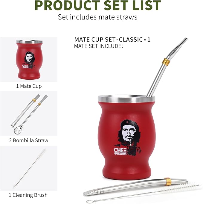 Yerba Mate Cup Set, Includes Stainless Steel Argentina Classic Mate Gourd, 2pcs Bombilla Straws and Clean Brush (Red Che)