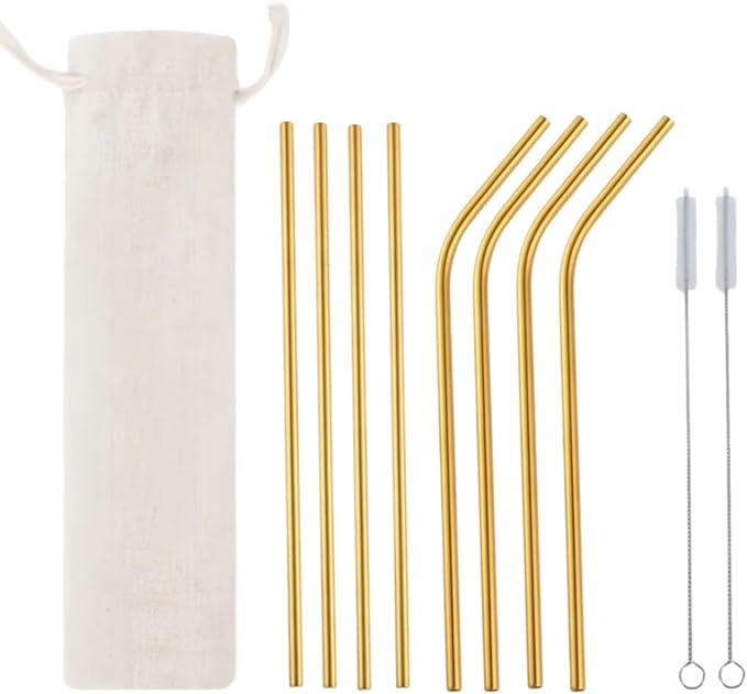 Heavy Duty 304 Stainless Steel Reusable Straw Set, 8 Pack Multi-Color Smoothie Straws with Travel Pouch & Cleaner, Dishwasher Safe Eco- (Golden-beige bag,8pc)
