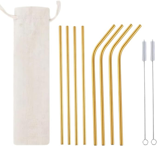 Heavy Duty 304 Stainless Steel Reusable Straw Set, 8 Pack Multi-Color Smoothie Straws with Travel Pouch & Cleaner, Dishwasher Safe Eco- (Golden-beige bag,8pc)