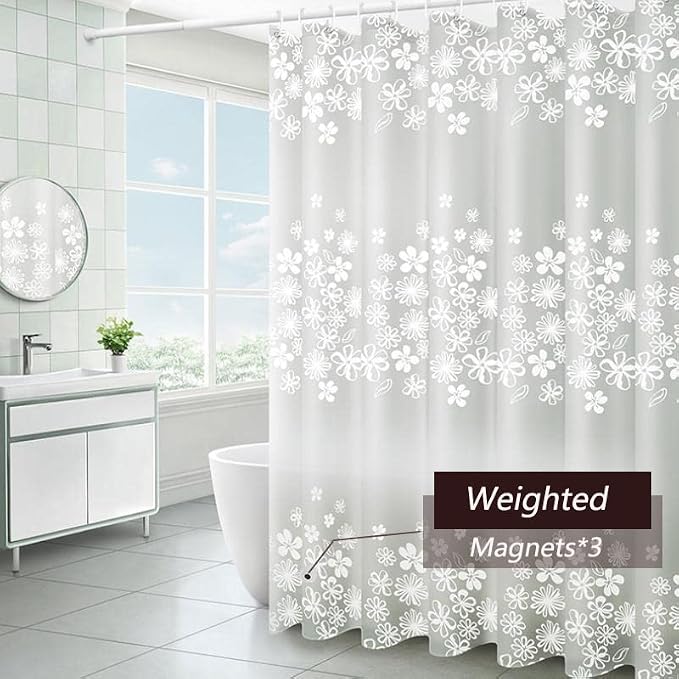 TIKABC Shower Curtain Liner, 4G PEVA Shower Liner, Plastic Waterproof Shower Curtains, with Grommet Holes and 3 Magnetic Weights(White Flower)