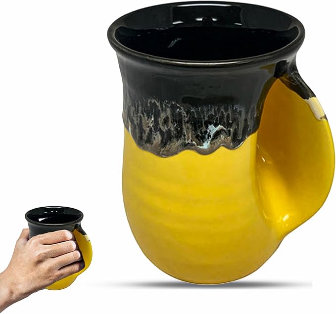 Clay in Motion Hand Warmer Coffee Mug – Handmade Coffee Mug With Comfortable Handle Contoured Pocket Hand Warming Ceramic Coffee Mug – Proudly Made in USA – Right Handed – 14 Oz - Yellow Black