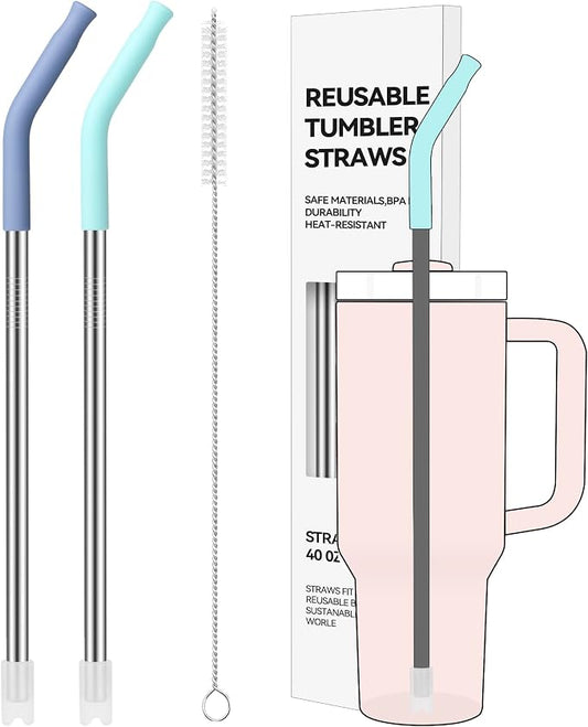2 PCS 40oz Metal Straws for Stanley 40oz Cup & 64oz Jugs | Extra-Long Stainless Steel Straws with Removable Silicone Tips, Fits Large Tumblers & Oversized Mugs