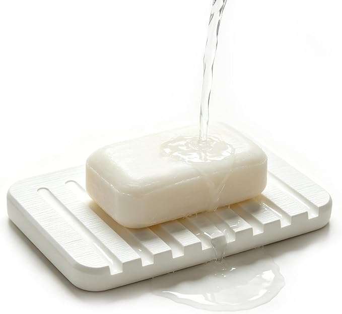 Self Draining Diatomite Stone Soap Dish, Waterfall Drainer Water Absorbing Soap Holder for Bathroom Kitchen Sink, Quick Dry Sponge Holder, Keep Soap Bars Dry Clean & Easy Cleaning(White)