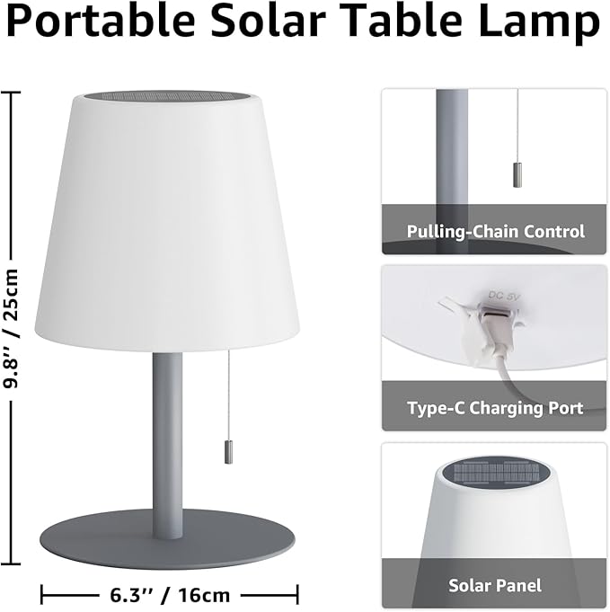 uuffoo Solar Lamp Outdoor Waterproof 8 Colors Rechargeable Cordless, Eye-Caring Dimmable Solar Lights LED Battery Operated Portable for Indoor Outdoor Garden Patio (Gray)