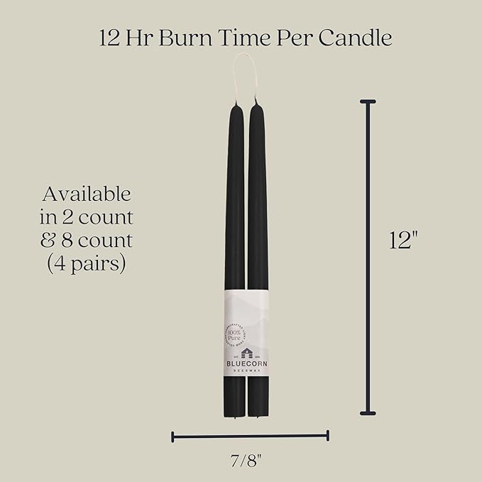 Bluecorn Beeswax Taper Candles, 100% Pure Natural Bees Wax, Pair of 12 Inch Black Tapered Candlesticks, Clean Burning & Dripless, Fragrance Free, Long Lasting, Home Decor, American Made, 1 Count