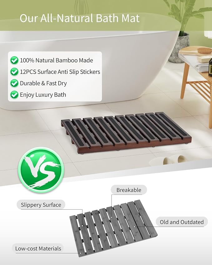 Bamboo Bath Mat, Bamboo Shower Mat for Bathroom, Non-Slip Bathroom Mat with Anti-Slip Stickers, Easy Clean Wooden Bath Floor Mat for Indoor Outdoor （ Brown, 21×13×1.57Inches）
