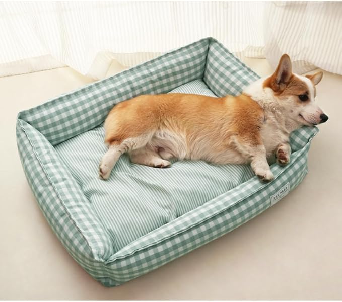 Orthopedic Rectangle Dog Bed for Medium Small Dogs, Plaid Plush Modern Puppy Sofa Bed with Anti-Slip Bottom, Cute Calming Pet Bed(Khaki,Medium)