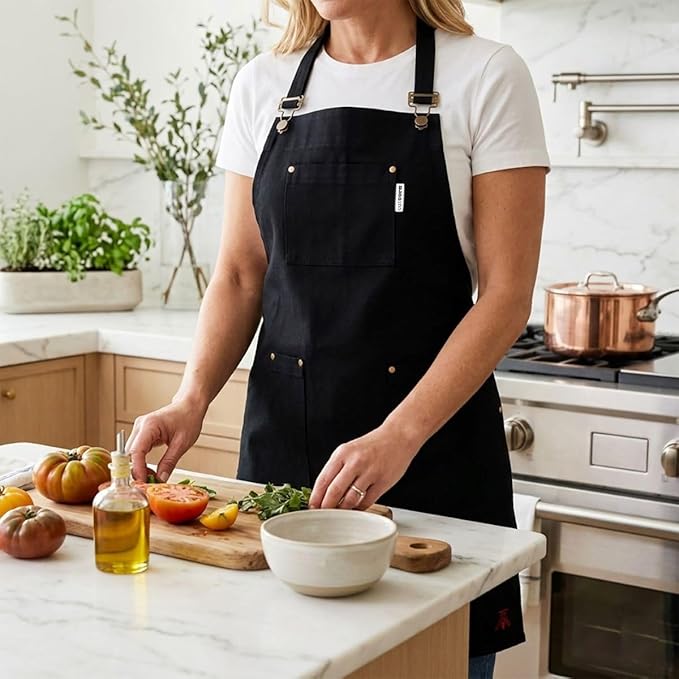 CatCora Kitchen Apron, Black, Heavyweight Cotton Canvas, Spill-Shedding Finish, Full Coverage, Fade-Safe, 3 Pockets, Unisex