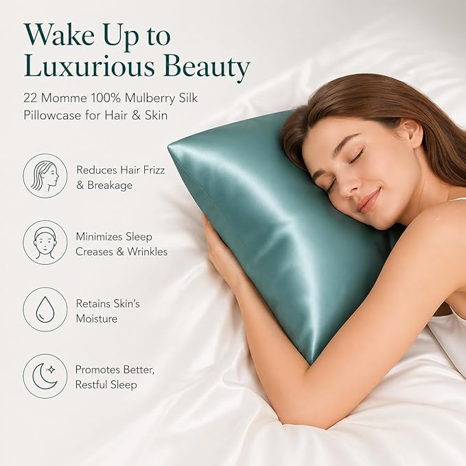 Teal Silk Pillow Cases Queen Made in USA, 100% Mulberry Silk Pillowcase with Hidden Zipper, Premium 22 Momme Cooling Acne Pillowcase, 1 Pack 20"x30" (Queen, Mineral Blue)