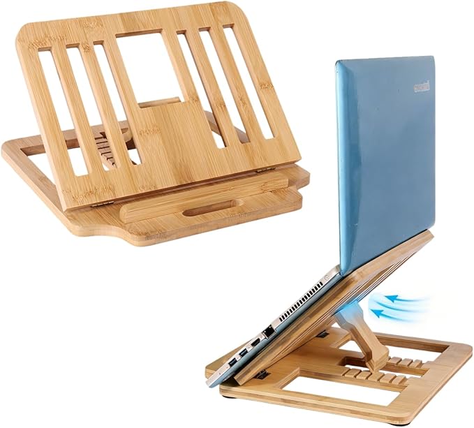 Bamboo Foldable Laptop Stand Holder, 6-Level Adjustable Ergonomic Notebook Riser with Heat Dissipation for 10-17 Inch Laptops, MacBook, Tablet