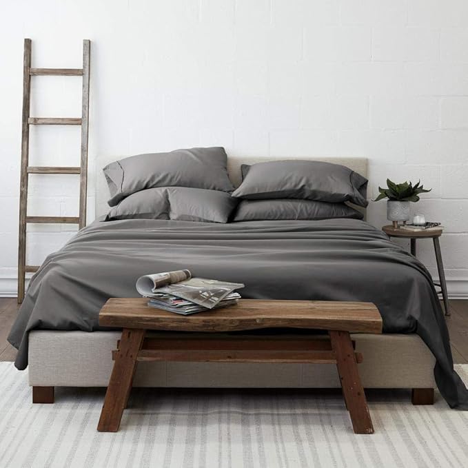 100% Organic Cotton Bed Sheets 800-Thread-Count, 16-Inch Deep-Pocket, Luxury Breathable Crisp 4-Piece Bed Sheet Set (1 Flat Sheet, 1 Fitted Sheet, 2 Pillowcases) - Split-Head King 34", Dark Grey