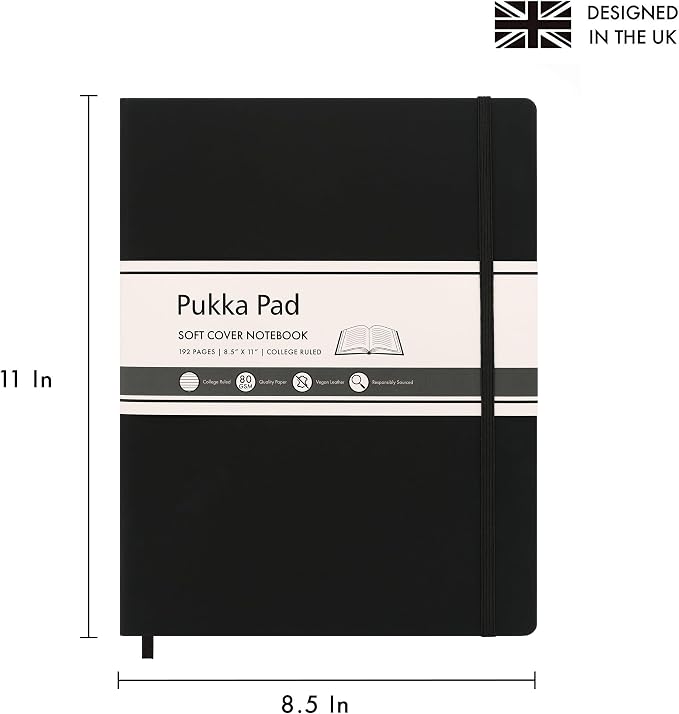 Pukka Pad Soft Cover Letter Size Notebook – Vegan Leather Journal with 192 Pages, 96 Sheets of 80GSM Ivory Paper, College Ruled without Margins – 8.5 x 11in, Black