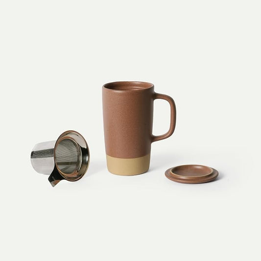 MORA Ceramics Large Tea Mug with Loose Leaf Infuser and Ceramic Lid, 18 oz, Portable, Microwave, Dishwasher Safe, Tall Coffee Cup - Rustic Matte Ceramic Glaze, Modern Herbal Tea Strainer, Terracotta