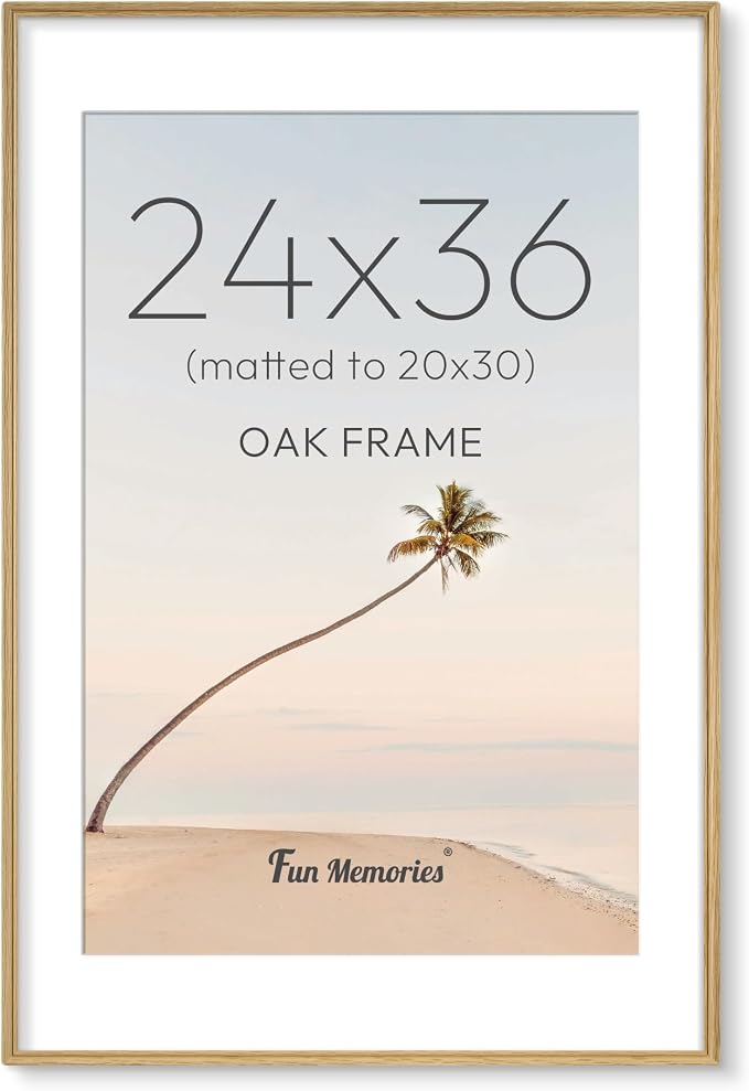 24x36 Picture Frame with Mat for 20x30, USA-Sourced Oak Wood Handcrafted Rounded Corner with HD Tempered Glass, 24 x 36 Gallery Wall Frames for Posters & Art Prints, Vertically or Horizontally