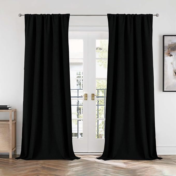 CUCRAF Linen 100% Blackout Curtains 84 Inch Length 2 Panels Set, Back Tab and Rod Pocket Curtain for Living Room Bedroom, Room Darkening Window Drapes Thermal Insulated, (52x84 inch, Black)