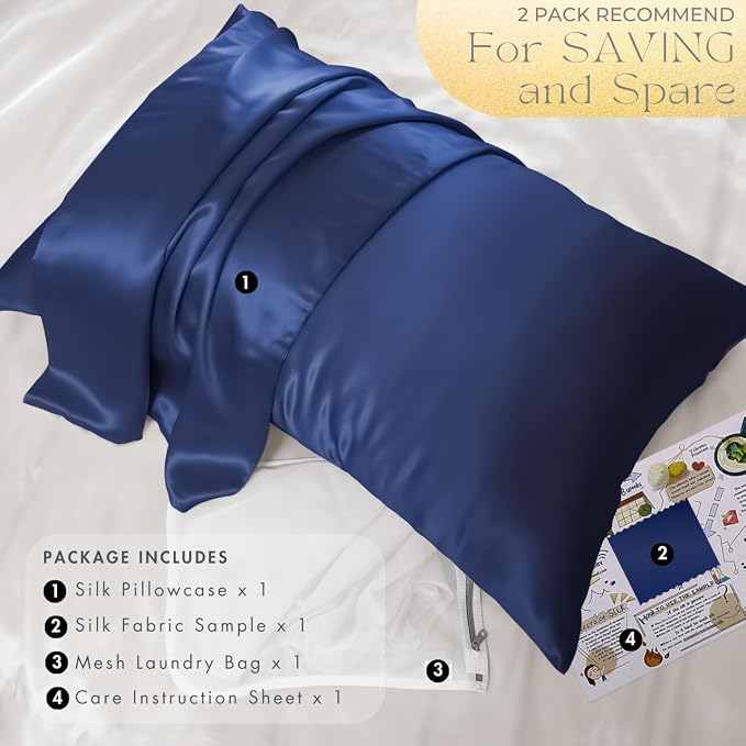 PROMEED 100% Mulberry Silk Pillowcase for Hair and Skin - Allergen Resistant Both Sides 23 Momme 1400 TC Silk Bed Pillow Cases with Hidden Zipper, 1PC (King 20"x36", Navy)