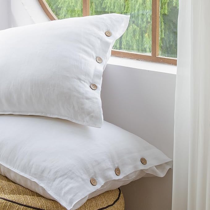 EVERLY 100% Linen Pillowcases Set of 2, French Linen from Normandy, 20X30Inch Standard Size, Natural Color, Coconut Buttons Closure, Flax Pillowshams-Pillowcase-White