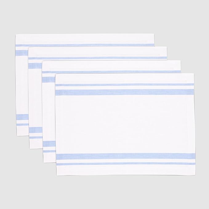 Solino Home Linen Placemats Set of 4 - French Stripe Dusty Blue and White Placemats 14 x 19 Inch - 100% Pure Linen Table Mats for Summer