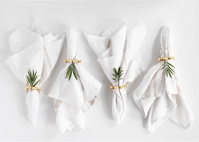 Solino Home Striped Linen Dinner Napkins Set of 4-100% Pure Linen Natural and White Cloth Napkins 20 x 20 Inch for Summer - French Stripe, Handcrafted and Machine Washable