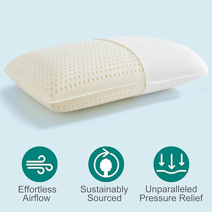 100% Natural Talalay Latex Pillow Sleeping Bed Pillows, Extra Soft Luxury Queen Pillow, Perfectly Aligns for Side/Back Pain, Stomach, Neck, Removable Breathable Cotton Cover (1, Queen (High Loft))
