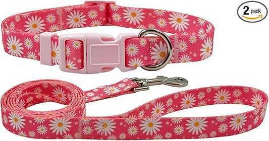 Dog Collar Leash Set, Floral Pattern, Polyester Material, Adjustable Collar and 5ft Matching Leash, for Medium Dogs.(M, Daisy)