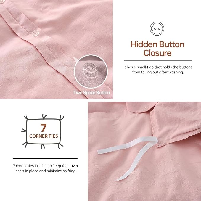 Simple&Opulence French Linen Duvet Cover Set 68" x 86"- 2 Pieces (1 Comforter Cover,1 Pillowcase)- Natural Flax Cotton Blend-Solid Color Breathable Farmhouse Bedding- Pale Pink, Twin