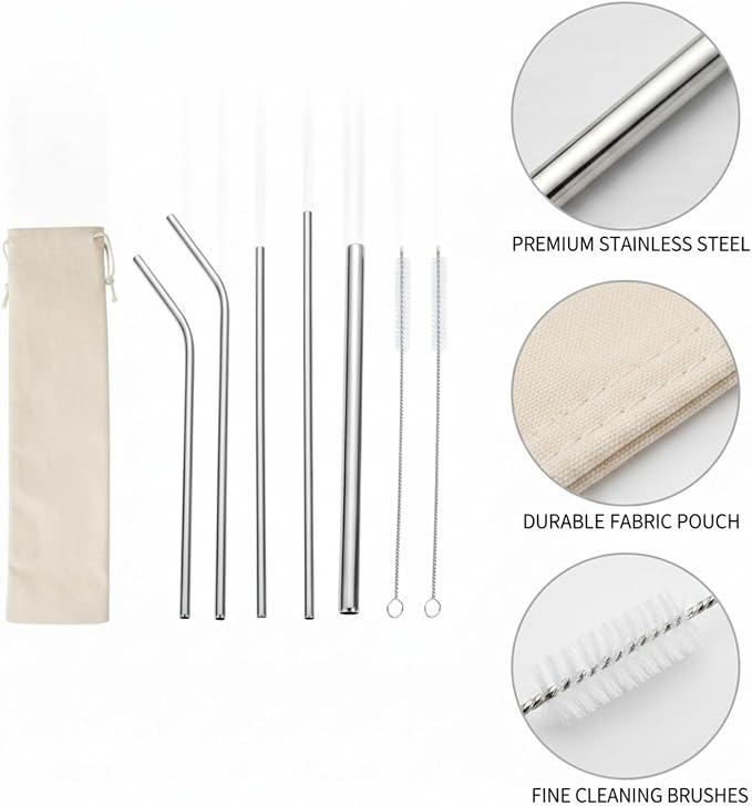 Reusable Stainless Steel Straw Set with Cleaning Brushes & Travel Pouch - 7 Piece Eco-Friendly Kit