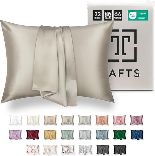 TAFTS 22mm 100% Pure Mulberry 6A Silk Pillowcase for Hair & Skin with Envelope Closure, No Zipper, Cooling, Natural, Organic, Double Sided Pillow Case (Taupe, Queen 20"x30" 1pc)
