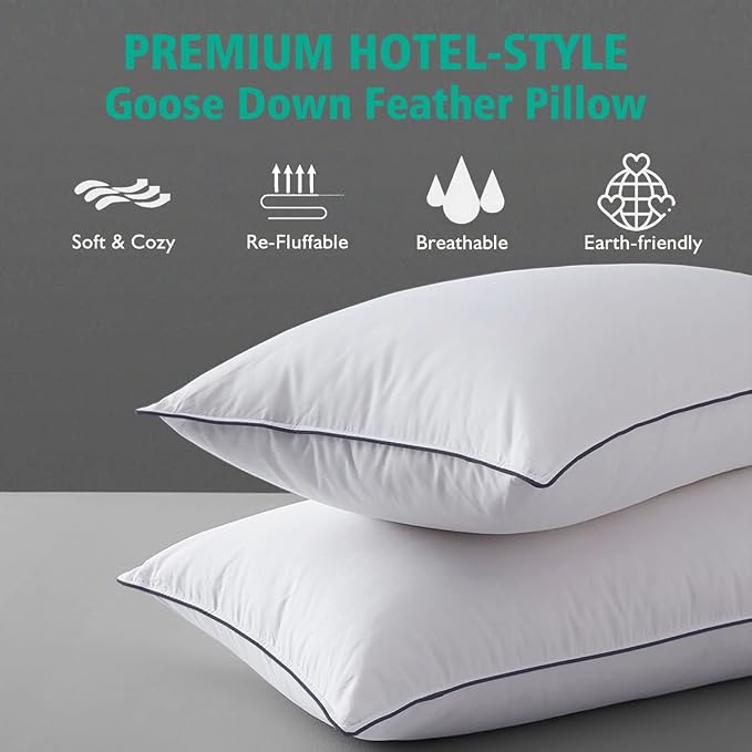 APSMILE Organic Feather Down Pillows Set of 2, Queen Size Bed Pillows for Sleeping with 100% Cotton Cover, 3-Chamber Hybrid Feather Down Core Pillow Surrounded by Polyester for Cushions 20x30 Inches
