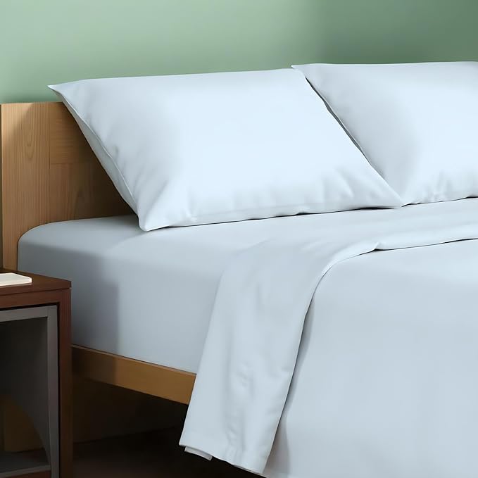 TEXAS LINEN CO. 100% Organic Cotton Sheets Cal King Size - 4 PC Organic Cotton Cal King Percale Weave Sheet Set, Soft, Cooling, Crisp, 16" Deep Pocket Hotel Quality Bedding Set - Light Blue