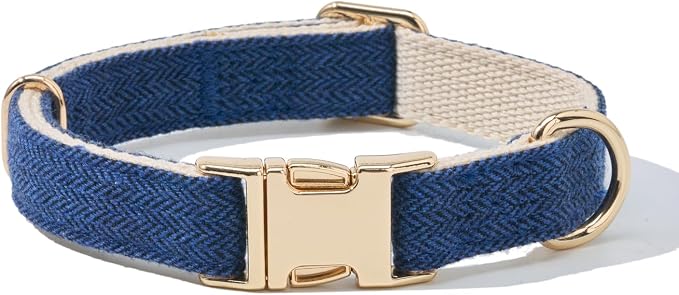 Luxury Soft Cotton Tweed Fabric Dog Collar & Leash Set with Gold Buckle – Durable Fabric, Stylish Design for Everyday Walks(Medium Navy)