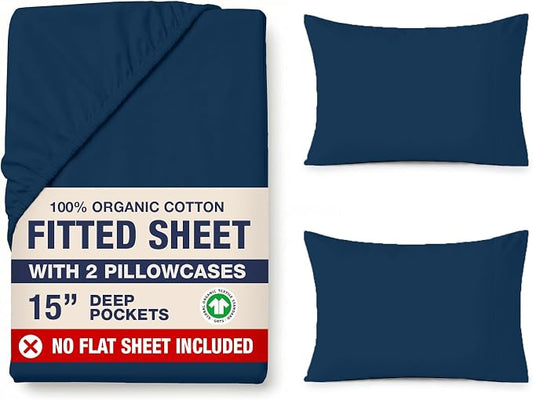 LANE LINEN 100% Organic Cotton Fitted Sheet Full Size Set (No Flat Sheet) - Soft & Breathable Percale Weave Fitted Sheet Set - 15'' Deep Pocket For Snug Fit To Mattress - GOTS Certified - Navy