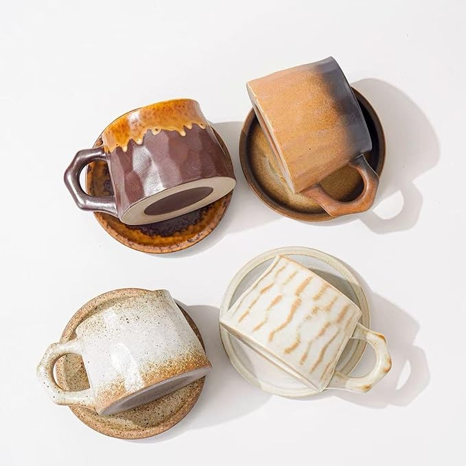 10oz Vintage Retro Handmade Ceramic Cappuccino Cup with Saucer –Small Rustic Stoneware tea cup and saucer, Lead-Free Latte Art Mug,Handmade mug with saucer set, Microwave safe, Brown
