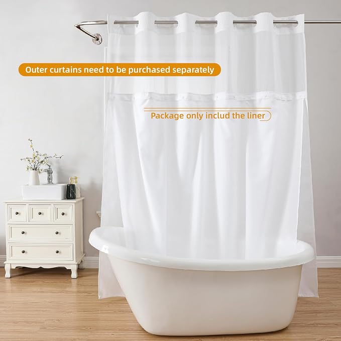 eachope 1 Pack Long Fabric Snap-in Shower Curtain Liner Replacement,Compatible with No Hook Shower Curtain with Snap in Liner, Removable & Water-Repellent,Machine Washable,70x60,White