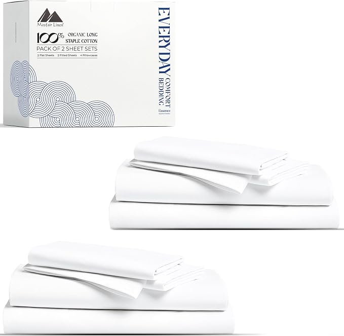 Mayfair Linen 100% Organic Cotton Percale Sheets Twin XL Size Pack or 2 - Soft & Crisp Organic Cotton Sheets Twin XL Size (6 PC, White), Dorm Room Essentials Low Pill Fade Resistant Percale Bed Sheet
