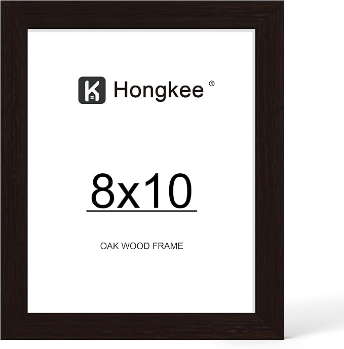 Hongkee 8x10 Oak Wood Picture Frame (1 Pack, Black) with Real Glass Cover | 8 x 10 Solid Wood Frame for Wall or Tabletop Display - Includes Easel Back, Vertical Hang - Ideal for Home, Office