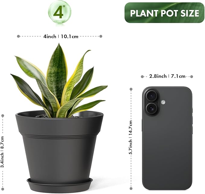 WSMKSZ 4 Inch Plastic Plant Pots with Drainage Holes and Trays – 8 Pack Small Nursery Pots for Indoor & Outdoor House Plants and Flowers, Seedling Starter Planters, Matte Black