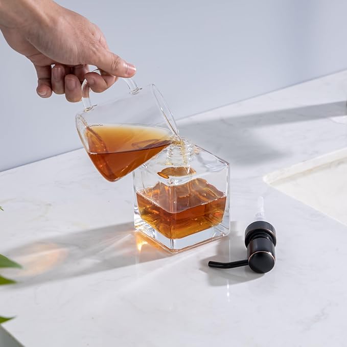 Hand Soap Dispenser Square with Oil Rubbed Bronze Pump, 8.4 oz Liquid Clear Glass Soap Dispenser with Stainless Steel Pump for Dish Soap Bathroom Kitchen Vanity Countertop
