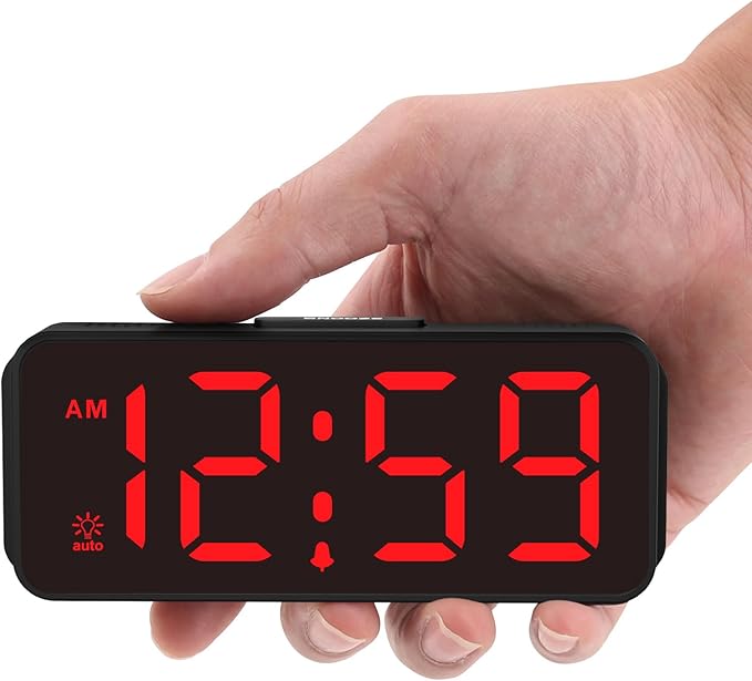 Peakeep Small Mini Battery Powered Digital Alarm Clocks for Bedrooms Bedside, Cordless Tiny Travel Portable Desk Clock, Large Numbers Auto Dimmable, LED Display 4 Dimmers, 5 Alarm Volumes